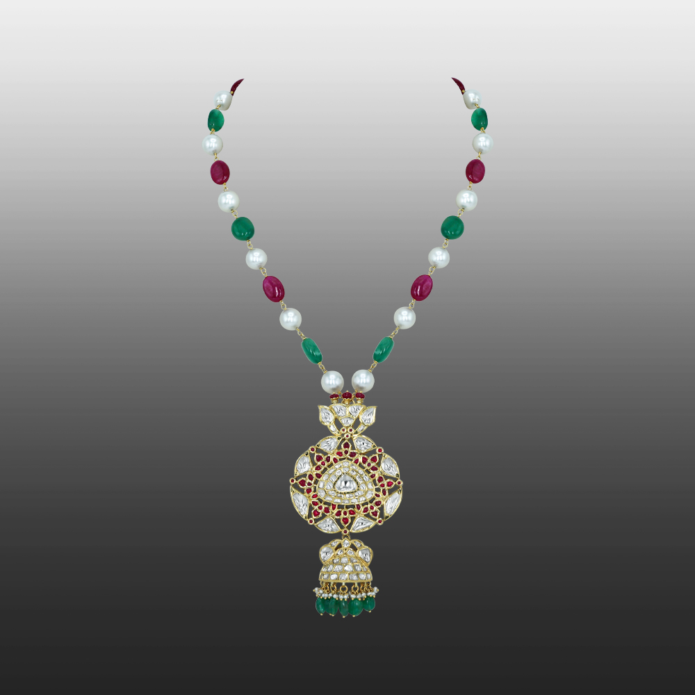 Green and Red Stone Necklace with Pearls and Polki Pendant
